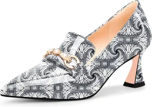 100FIXEO Women's High Heel Closed Pointed Toe Slip On Loafers Pearl Rhinestone Office Pumps Dress Shoes