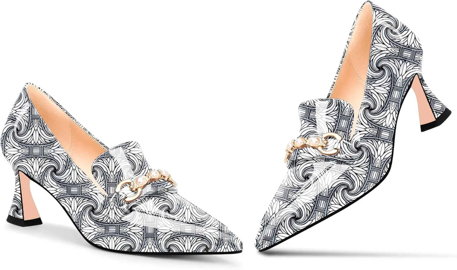 100FIXEO Women's High Heel Closed Pointed Toe Slip On Loafers Pearl Rhinestone Office Pumps Dress Shoes