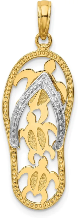 14K Solid Two Tone Gold Triple Sea Turtle Hawaiian Flip Flop Necklace Beach Sandals Pendant Ocean Vacation Charm