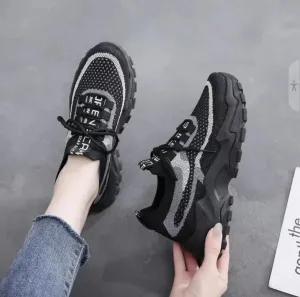 2024 New Fly Woven Mesh Casual Breathable Sneakers Korean Style Thick-Soled Daddy Shoes Mesh Red Shoes Light Running Shoes