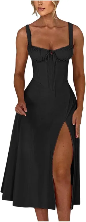 2024 Women Floral Lace Up Corset Midi Dress, Summer Boho Square Neck Flowy Fitted Dress Slit Bustier Sundress