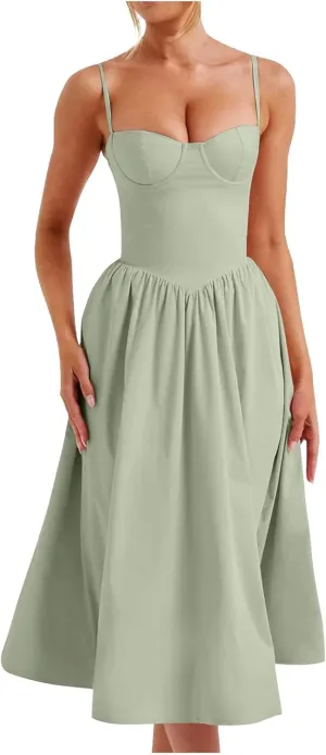 2024 Women Floral Lace Up Corset Midi Dress, Summer Boho Square Neck Flowy Fitted Dress Slit Bustier Sundress