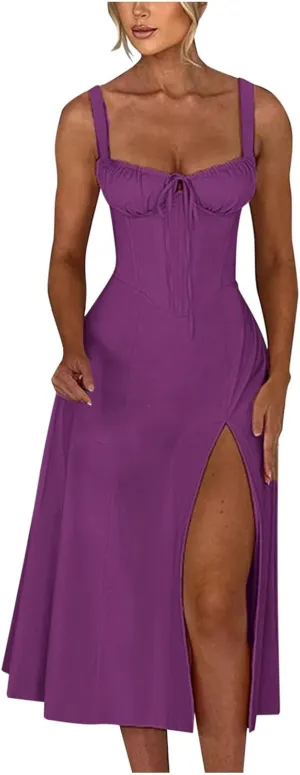 2024 Women Floral Lace Up Corset Midi Dress, Summer Boho Square Neck Flowy Fitted Dress Slit Bustier Sundress