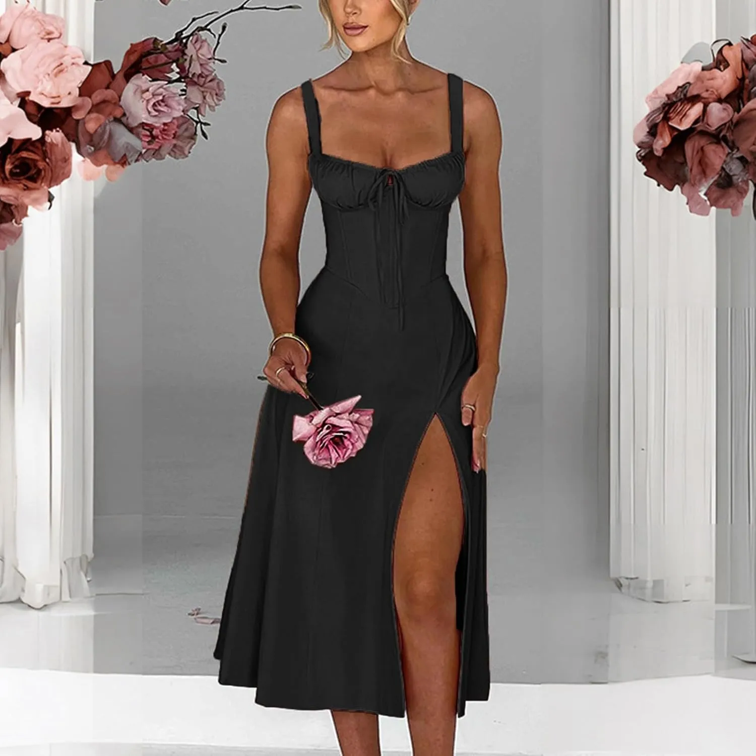 2024 Women Floral Lace Up Corset Midi Dress, Summer Boho Square Neck Flowy Fitted Dress Slit Bustier Sundress