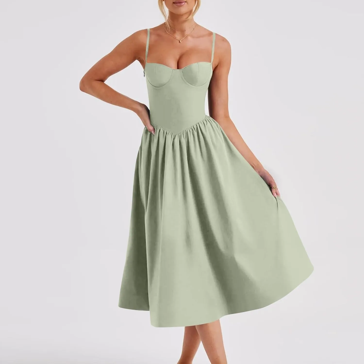 2024 Women Floral Lace Up Corset Midi Dress, Summer Boho Square Neck Flowy Fitted Dress Slit Bustier Sundress