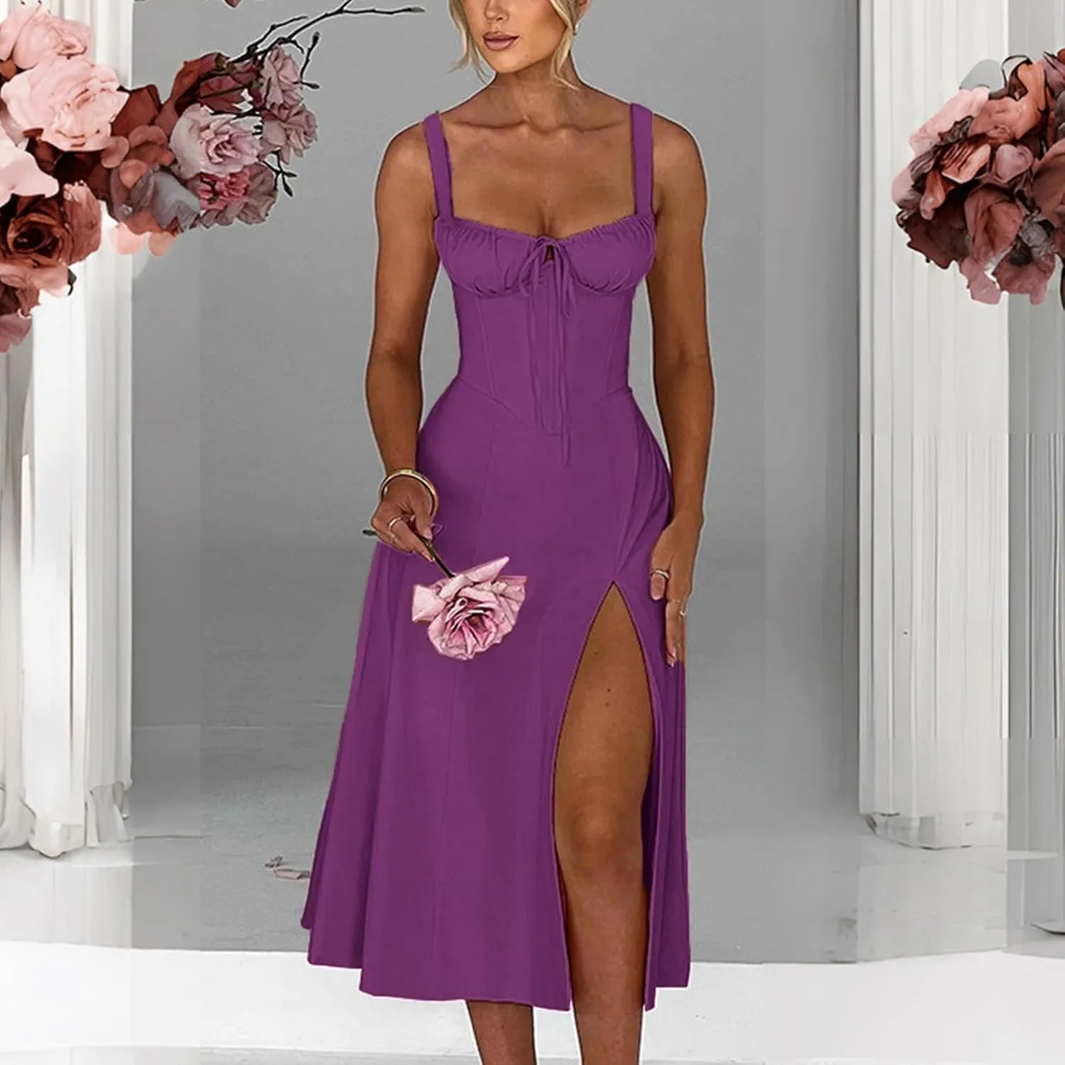 2024 Women Floral Lace Up Corset Midi Dress, Summer Boho Square Neck Flowy Fitted Dress Slit Bustier Sundress