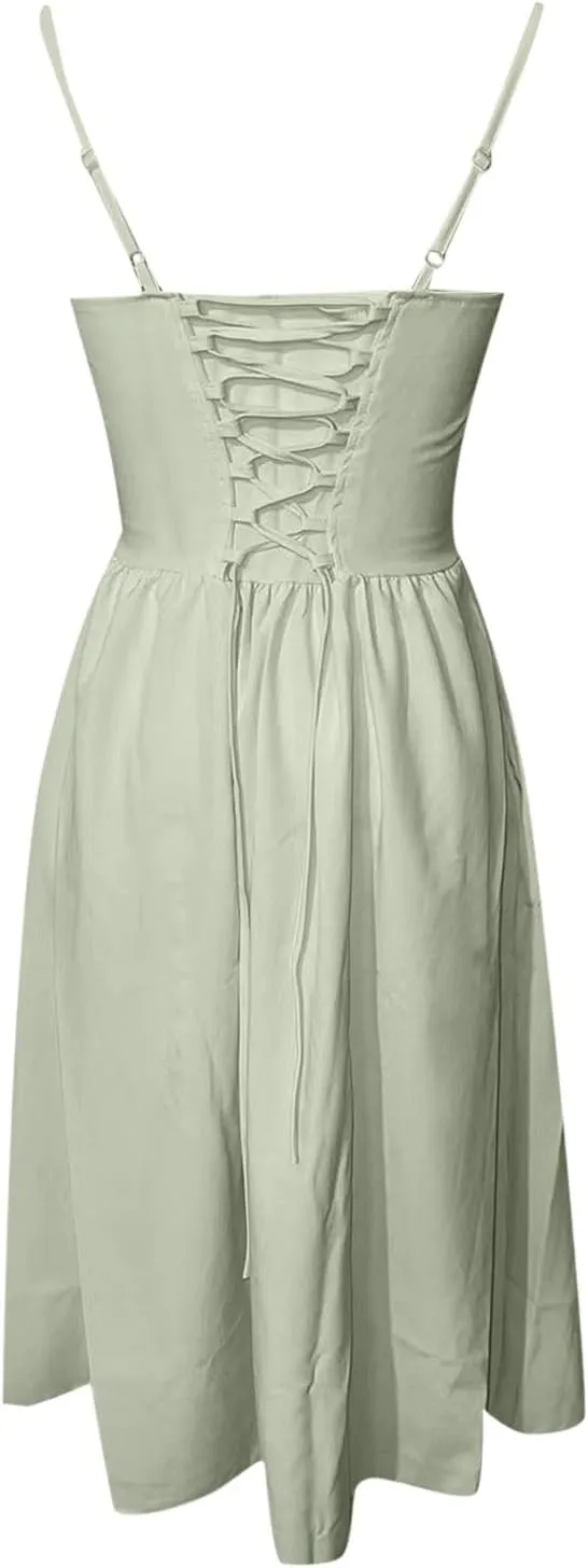 2024 Women Floral Lace Up Corset Midi Dress, Summer Boho Square Neck Flowy Fitted Dress Slit Bustier Sundress