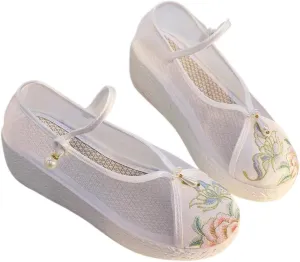2025 Summer Breathable Mesh Floral Embroidery Shoes For Women Chinese Style Flatform Wedge Cheongsam Hanfu Shoes Lightweight Comfort Casual Ankle Strap Shoes