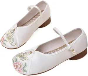 2025 Women's Satin Low Chunky Heel Chinese Style Floral Embroidery Shoes Elegant Ethnic Style Cheongsam Hanfu Shoes Casual Comfort Ankle Strap Shoes