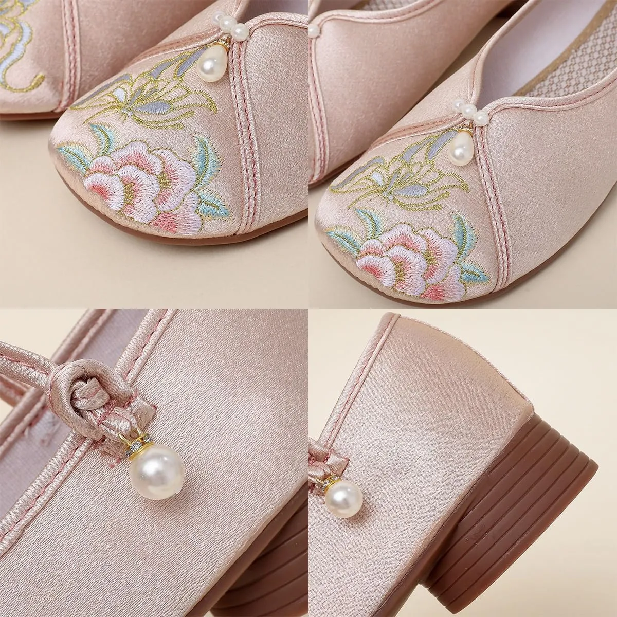 2025 Women's Satin Low Chunky Heel Chinese Style Floral Embroidery Shoes Elegant Ethnic Style Cheongsam Hanfu Shoes Casual Comfort Ankle Strap Shoes