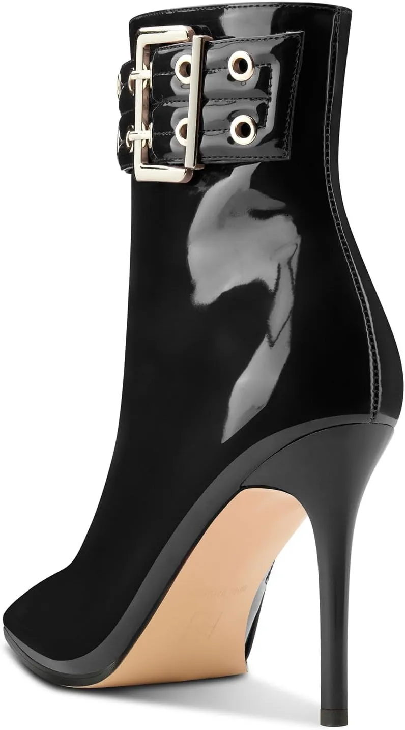 Aachcol Womens Pointed Toe Stiletto Heel Buckle Ankle Boots Patent Leather High Heel Mid Calf Zipper 4 Inches Heels Booties