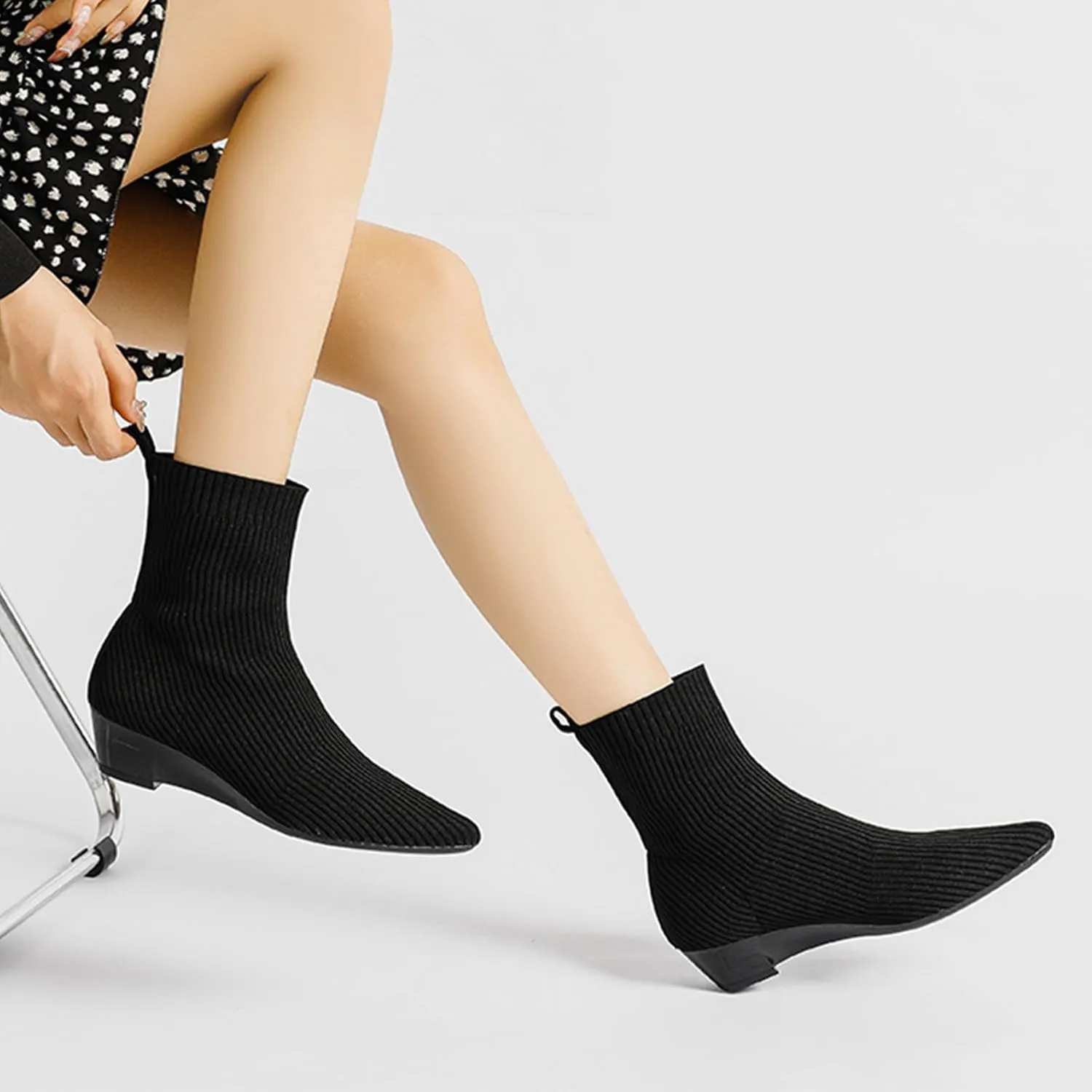 Aceptolcom Women's Stretch Knitted Booties, Stylish Pointed Toe Low Heel Wedge Boots, Slip On Short Boots, Sock Ankle Booties