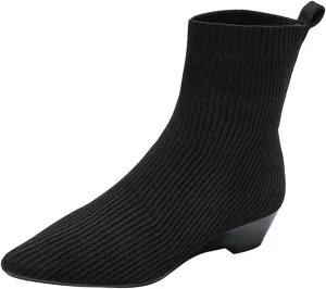 Aceptolcom Women's Stretch Knitted Booties, Stylish Pointed Toe Low Heel Wedge Boots, Slip On Short Boots, Sock Ankle Booties