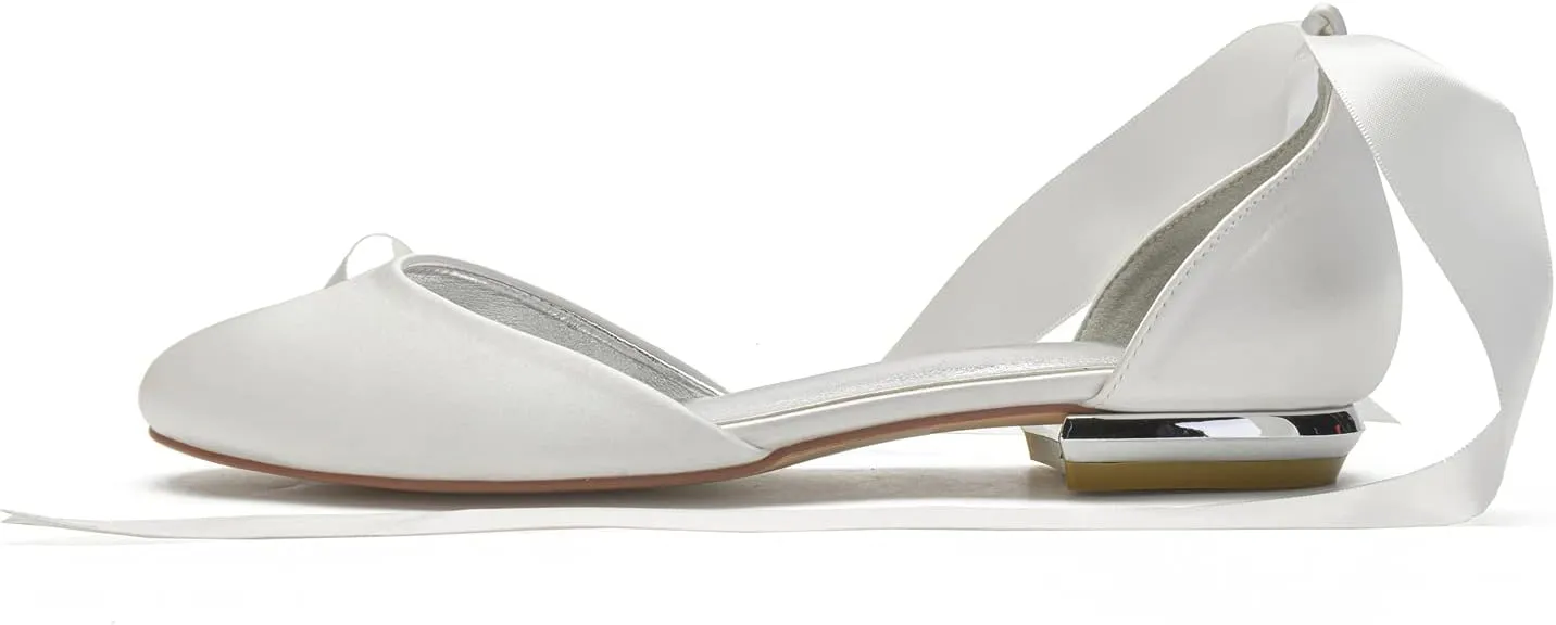 ADMLZQQ Ballet Flats Women Satin Comfortable Closed Toe Ribbon Tie Flats Shoes for Bride Round Toe Prom Evening Bridal Party Dress Flats