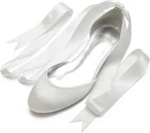ADMLZQQ Ballet Flats Women Satin Comfortable Closed Toe Ribbon Tie Flats Shoes for Bride Round Toe Prom Evening Bridal Party Dress Flats