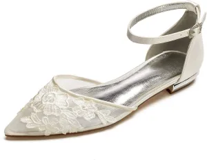 ADMLZQQ Wedding Shoes Flats for Bride Satin Lace Appiques Pointed Toe Women Dress Shoes for Special Occasions