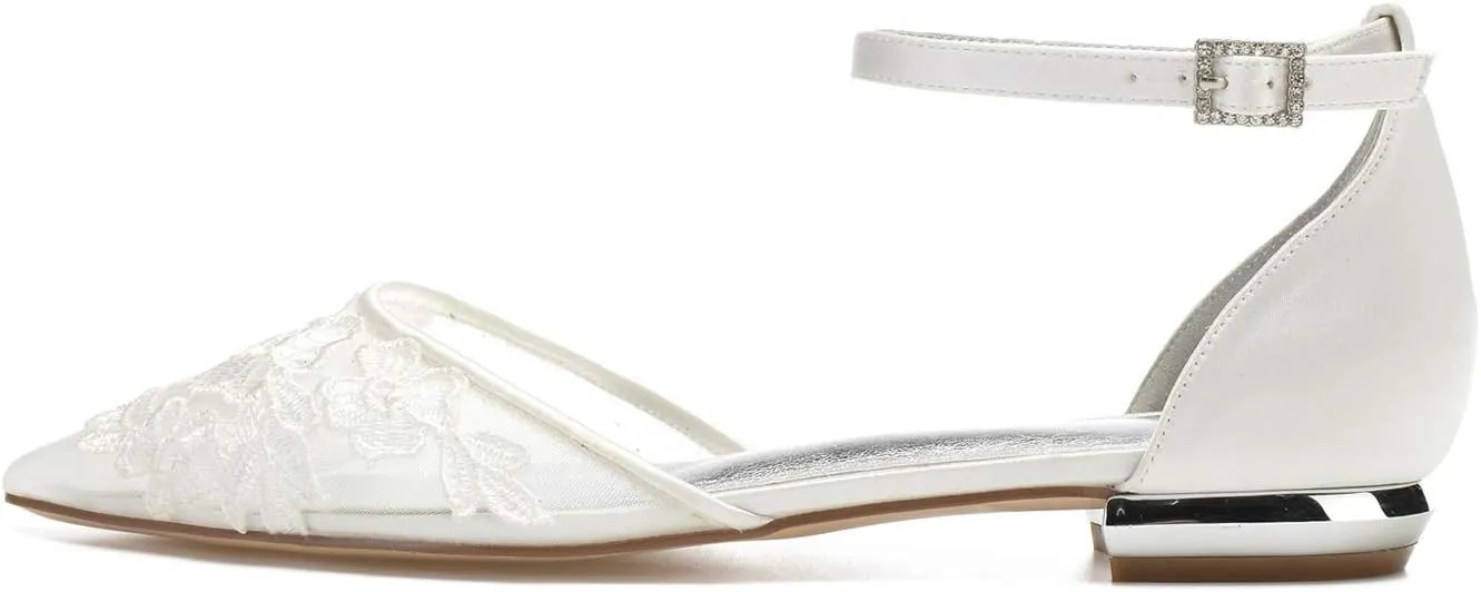 ADMLZQQ Wedding Shoes Flats for Bride Satin Lace Appiques Pointed Toe Women Dress Shoes for Special Occasions