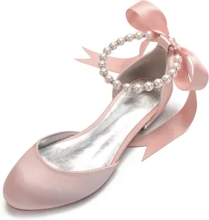 ADMLZQQ Women's Pointed Toe Pearl Satin Wedding Shoes for Bride Flats Ankle Strap Bridal Shoes Formal Prom Party Dress Sandals
