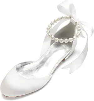 ADMLZQQ Women's Pointed Toe Pearl Satin Wedding Shoes for Bride Flats Ankle Strap Bridal Shoes Formal Prom Party Dress Sandals