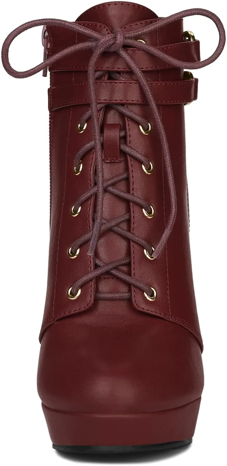 Allegra K Women's Lace Up Strap Platform Block Heels Ankle Boots