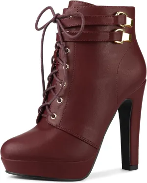 Allegra K Women's Lace Up Strap Platform Block Heels Ankle Boots