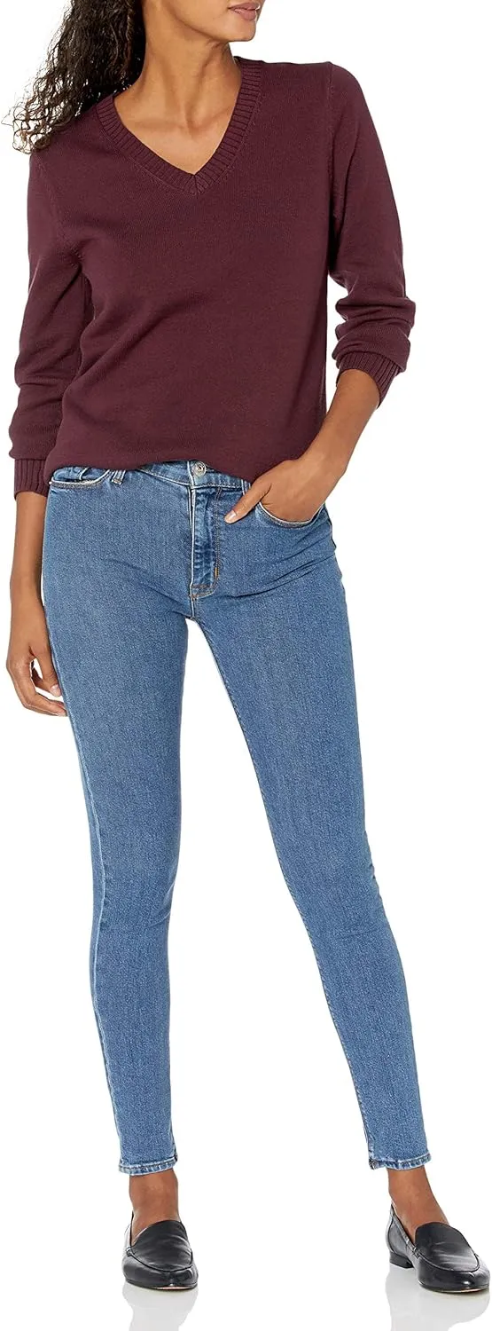 Amazon Essentials Women's 100% Cotton Long-Sleeve V-Neck Sweater