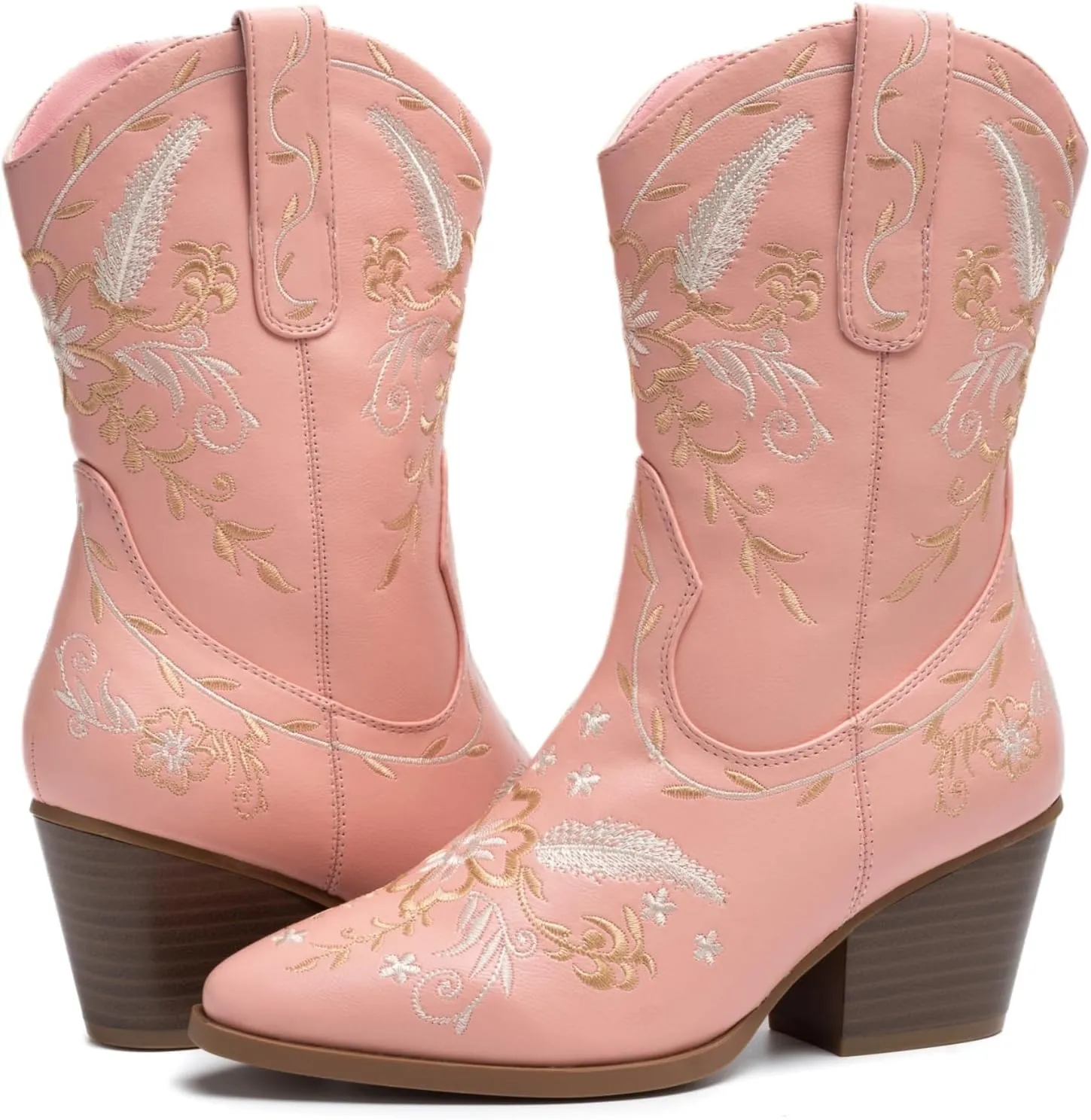 ANJOUFEMME Western Women's Cowboy Cowgirl Boots,Embroidered Round-toe Mid-calf Boots