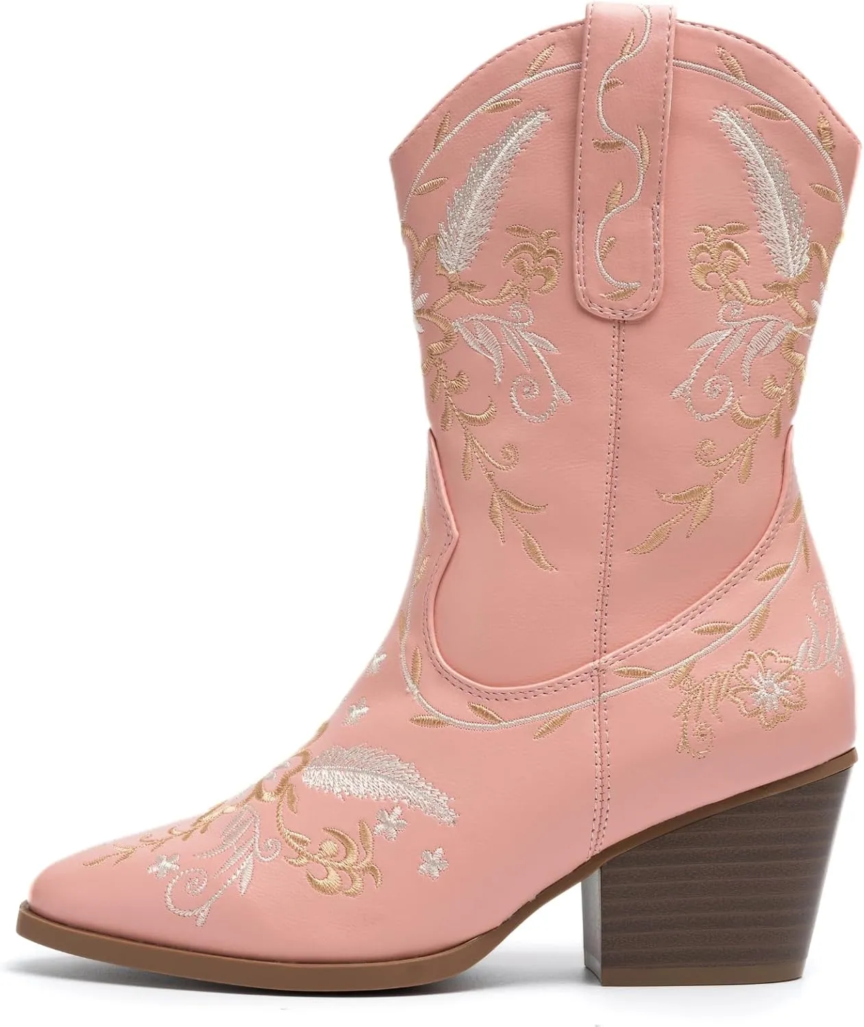 ANJOUFEMME Western Women's Cowboy Cowgirl Boots,Embroidered Round-toe Mid-calf Boots