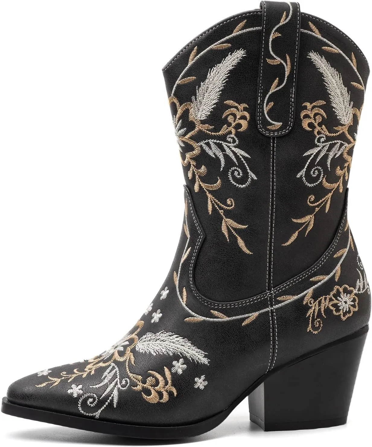 ANJOUFEMME Western Women's Cowboy Cowgirl Boots,Embroidered Round-toe Mid-calf Boots