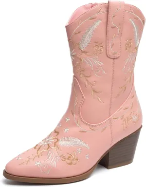 ANJOUFEMME Western Women's Cowboy Cowgirl Boots,Embroidered Round-toe Mid-calf Boots