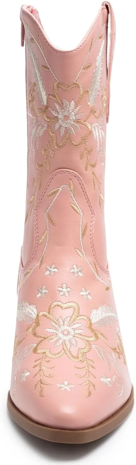 ANJOUFEMME Western Women's Cowboy Cowgirl Boots,Embroidered Round-toe Mid-calf Boots