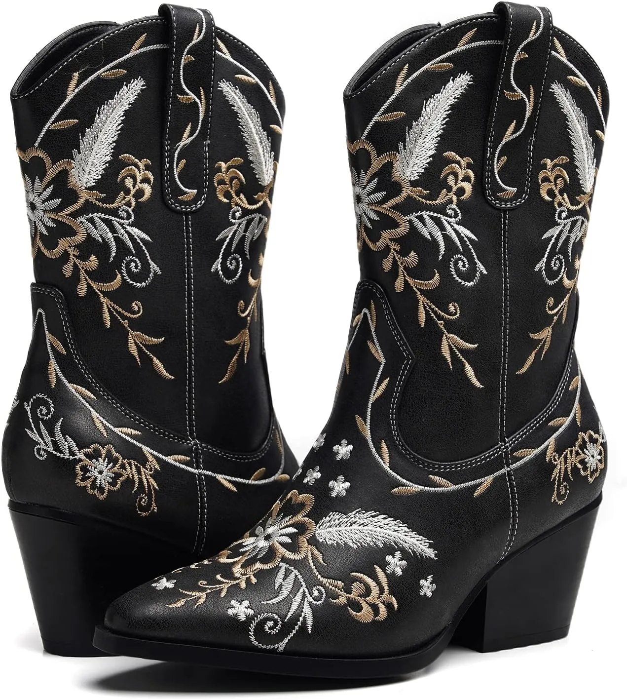 ANJOUFEMME Western Women's Cowboy Cowgirl Boots,Embroidered Round-toe Mid-calf Boots