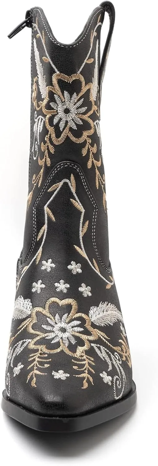ANJOUFEMME Western Women's Cowboy Cowgirl Boots,Embroidered Round-toe Mid-calf Boots