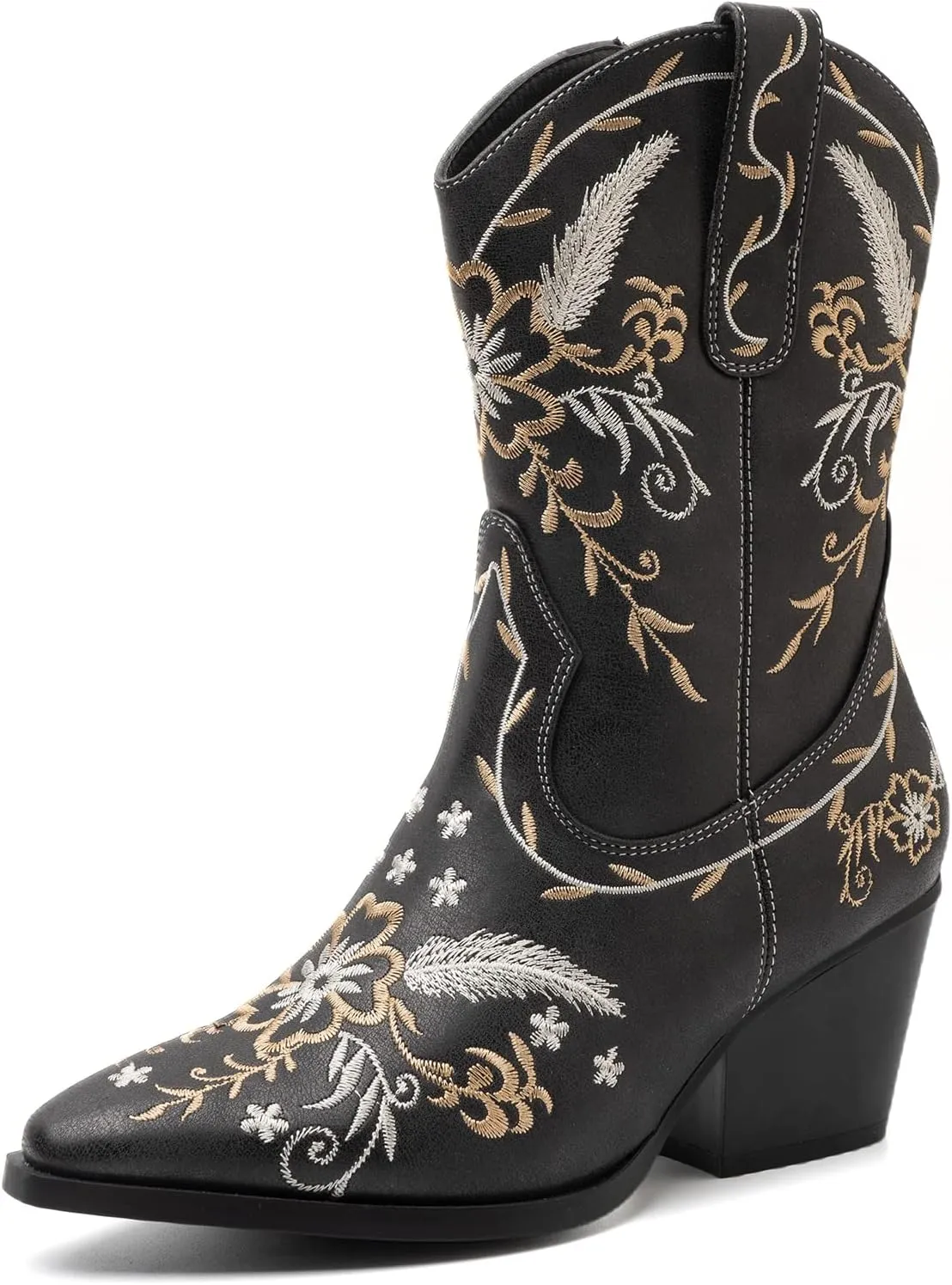 ANJOUFEMME Western Women's Cowboy Cowgirl Boots,Embroidered Round-toe Mid-calf Boots