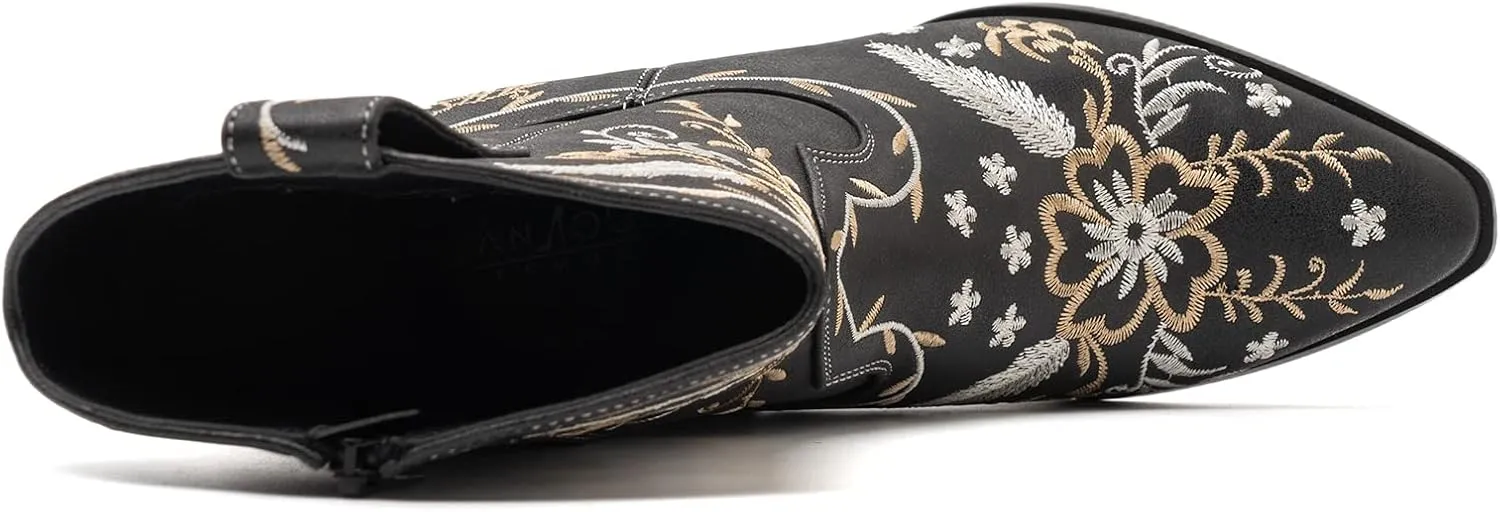 ANJOUFEMME Western Women's Cowboy Cowgirl Boots,Embroidered Round-toe Mid-calf Boots