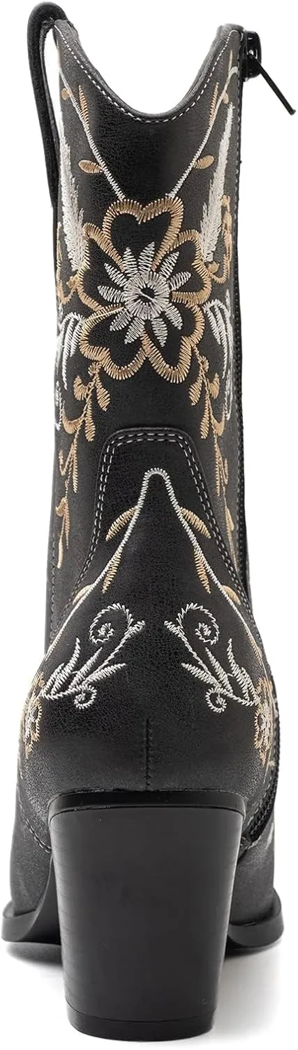 ANJOUFEMME Western Women's Cowboy Cowgirl Boots,Embroidered Round-toe Mid-calf Boots