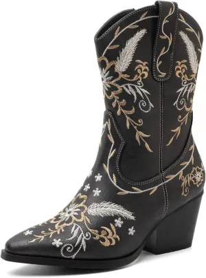 ANJOUFEMME Western Women's Cowboy Cowgirl Boots,Embroidered Round-toe Mid-calf Boots