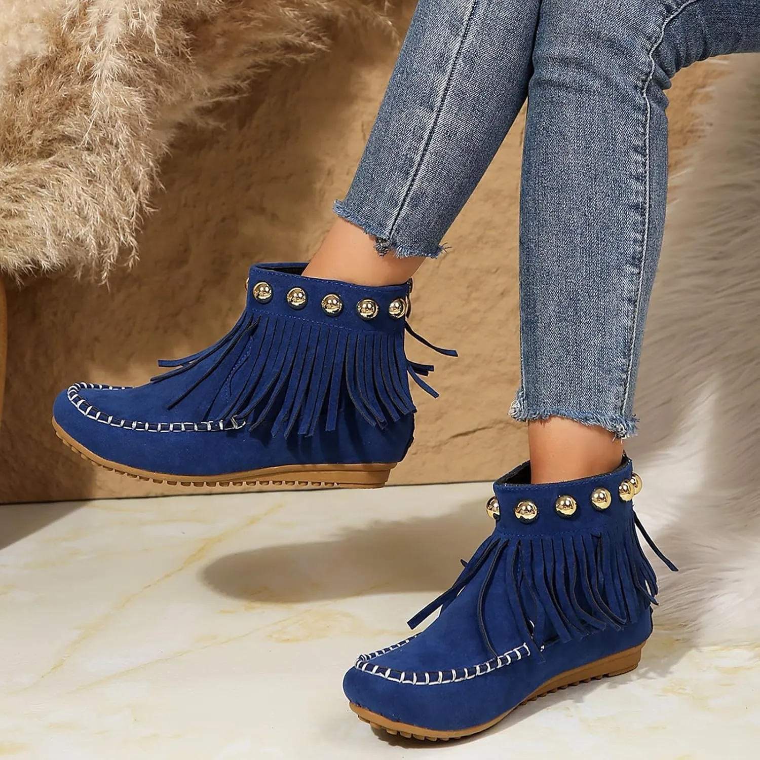 Ankle Boots for Women Low Heel Moccasins Fringe Retro Suede Leather Tassel Studded Moccasins Comfy Non Slip Shoes