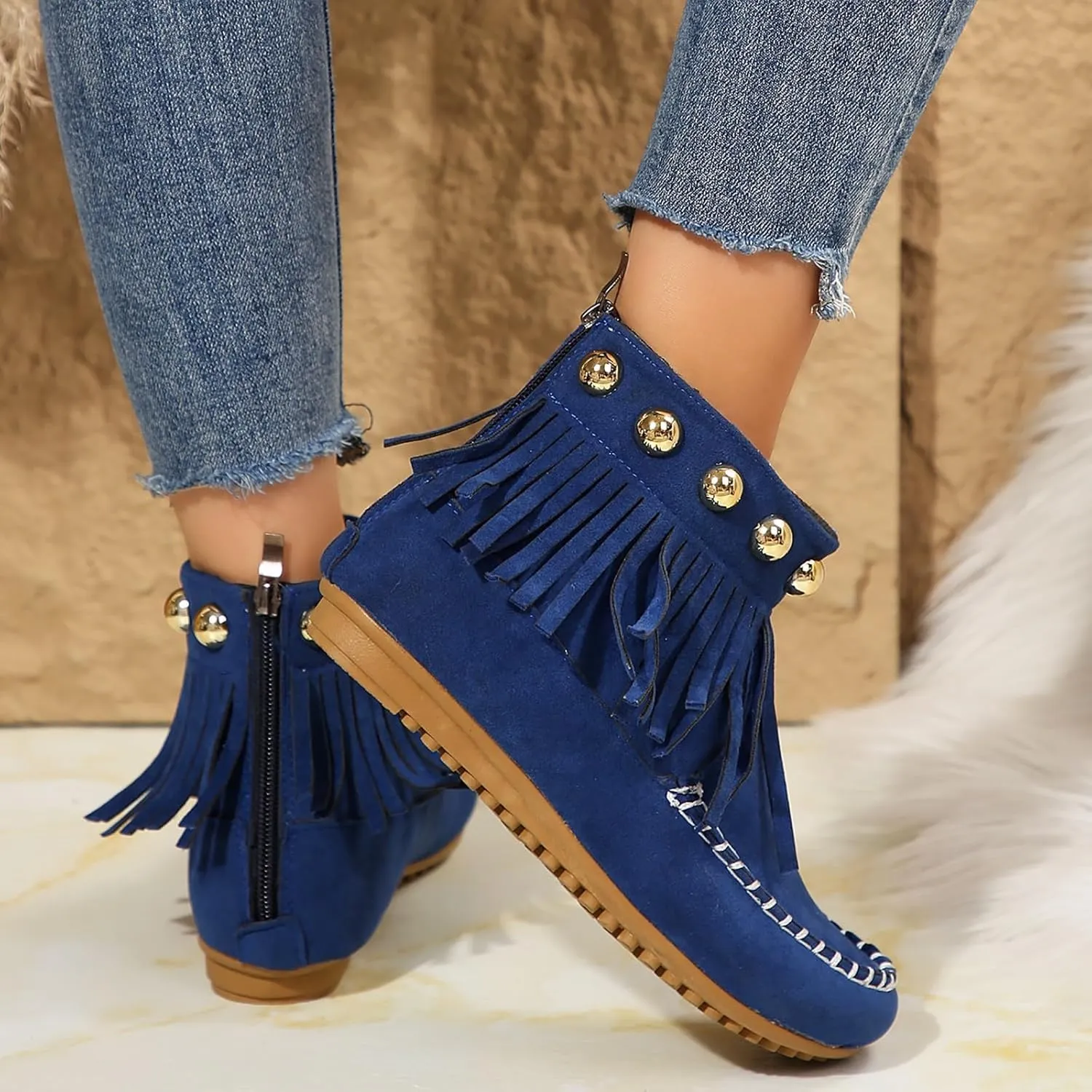 Ankle Boots for Women Low Heel Moccasins Fringe Retro Suede Leather Tassel Studded Moccasins Comfy Non Slip Shoes