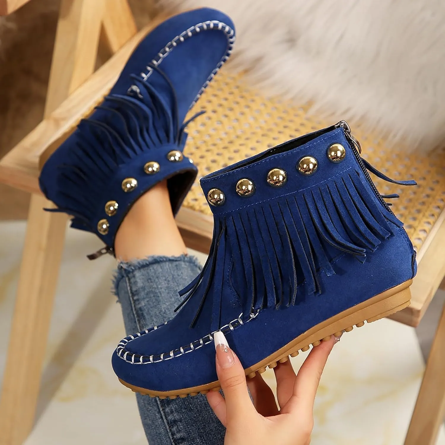Ankle Boots for Women Low Heel Moccasins Fringe Retro Suede Leather Tassel Studded Moccasins Comfy Non Slip Shoes