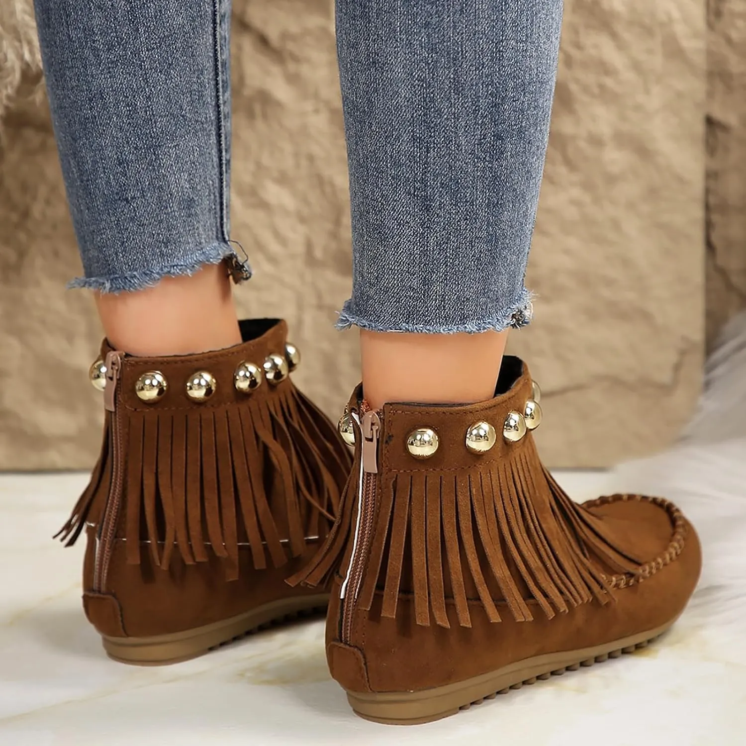 Ankle Boots for Women Low Heel Moccasins Fringe Retro Suede Leather Tassel Studded Moccasins Cozy Anti-Slip Booties