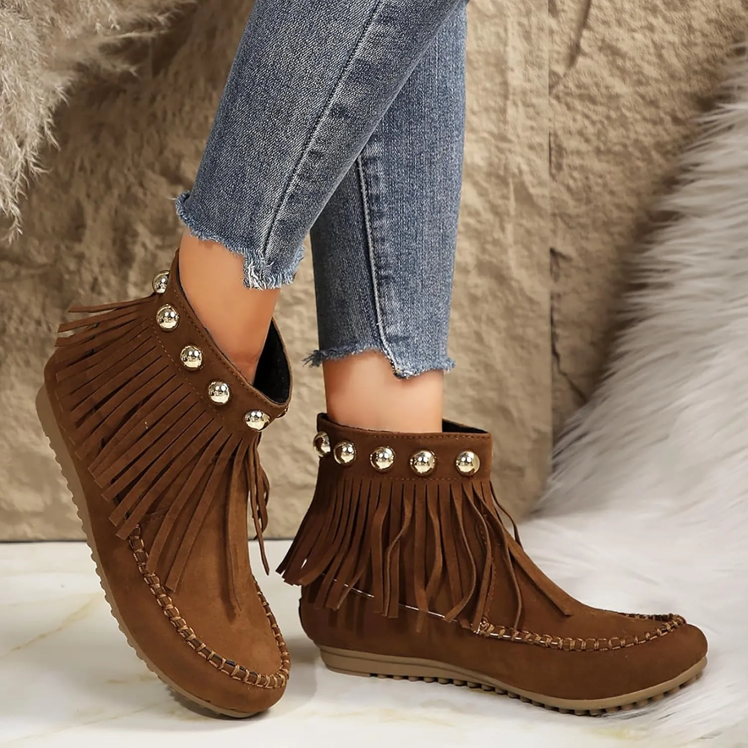 Ankle Boots for Women Low Heel Moccasins Fringe Retro Suede Leather Tassel Studded Moccasins Cozy Anti-Slip Booties