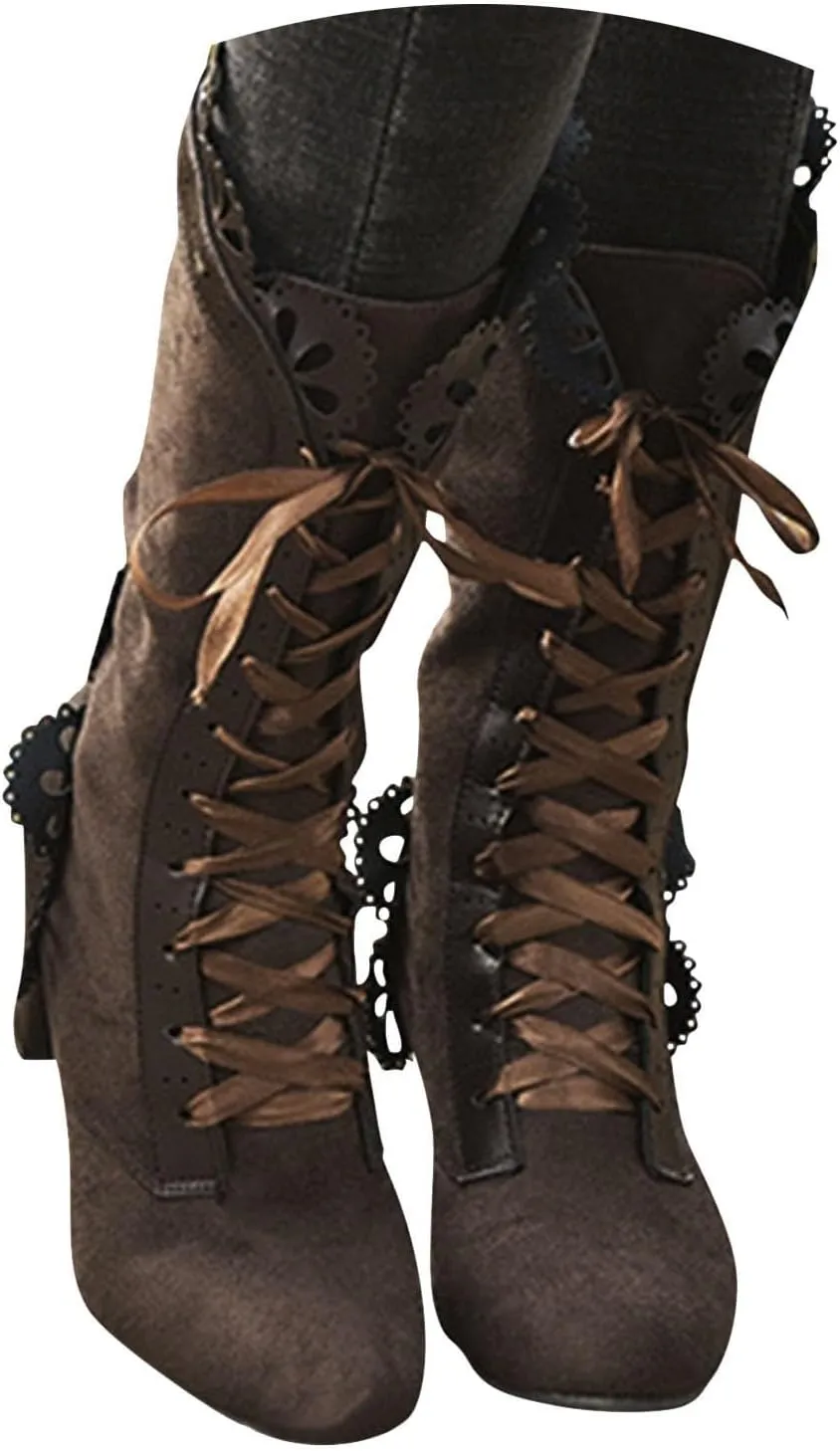 Ankle Boots for Women Retro Victorian Mid Calf Bow Shoes Mid Heels Almond Toe Lace Up Wedding Party Dress Fashion Booties