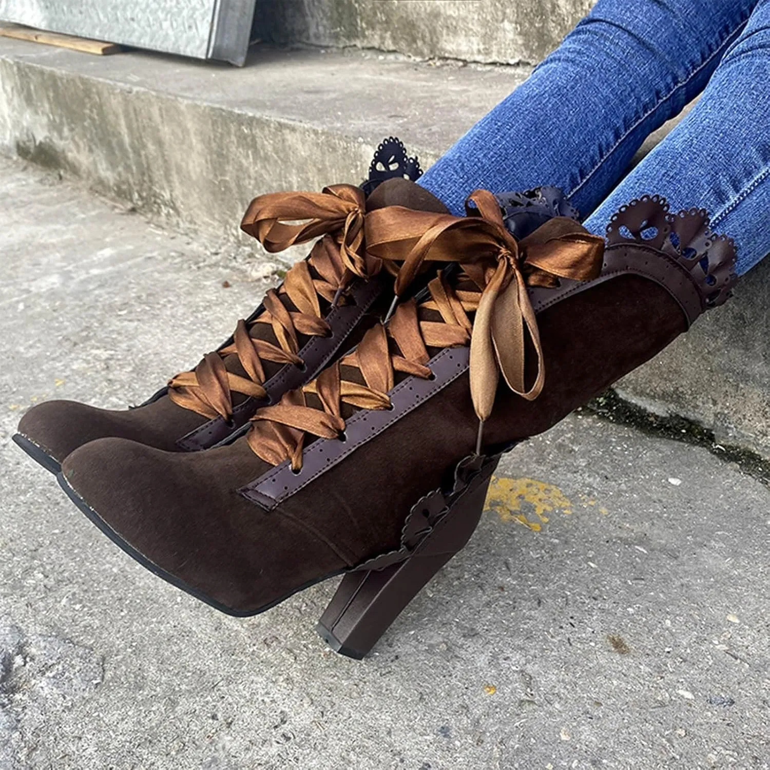 Ankle Boots for Women Retro Victorian Mid Calf Bow Shoes Mid Heels Almond Toe Lace Up Wedding Party Dress Fashion Booties