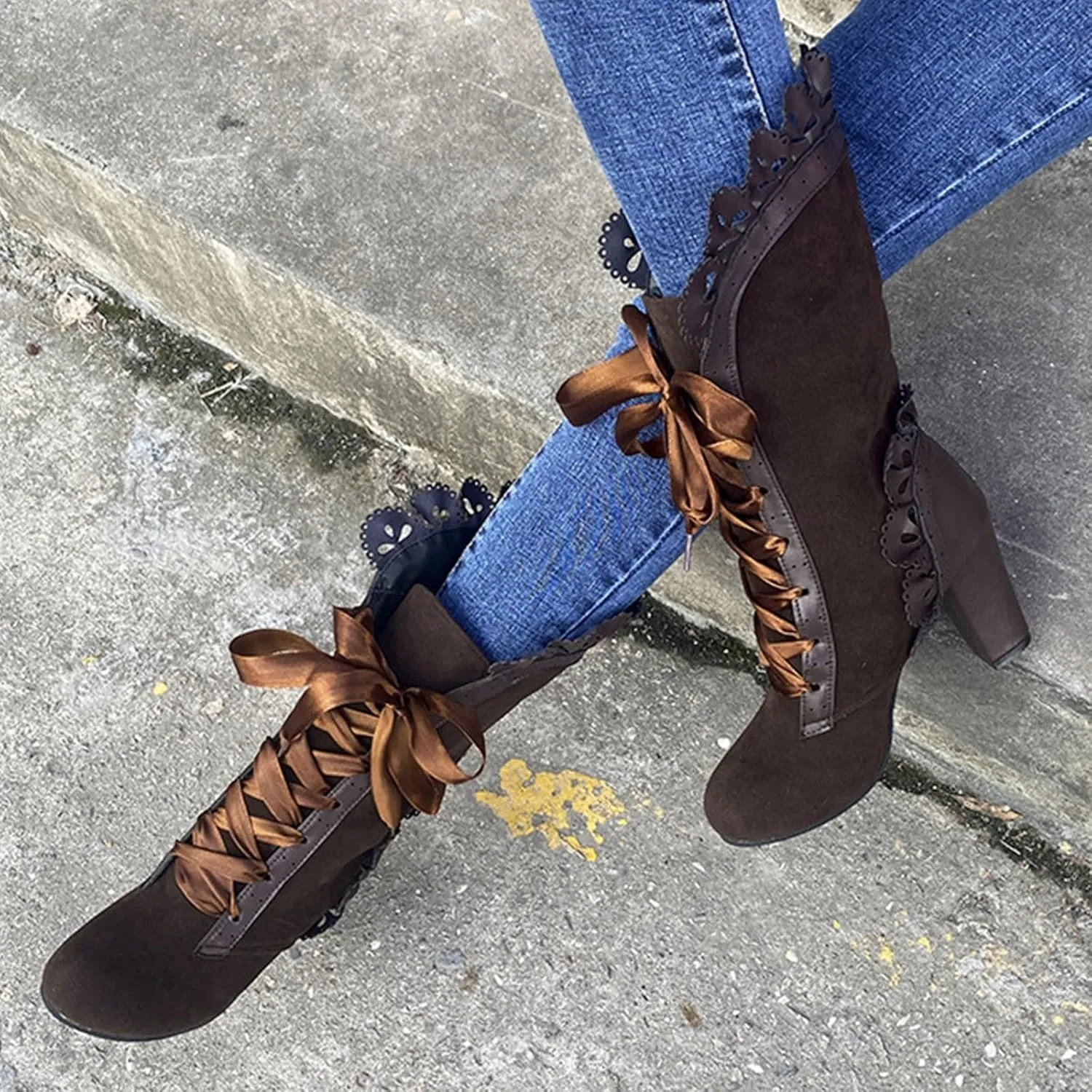 Ankle Boots for Women Retro Victorian Mid Calf Bow Shoes Mid Heels Almond Toe Lace Up Wedding Party Dress Fashion Booties
