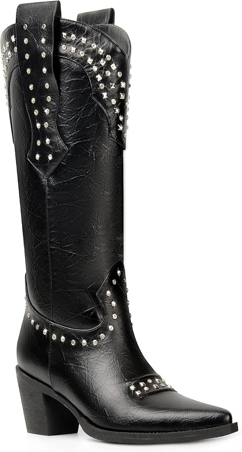 ANN CREEK Women Cowboy Boots Ladies Knee High Cowgirl Boots Western Boots Chunky Sequin High Heel Wide Calf Country Boots