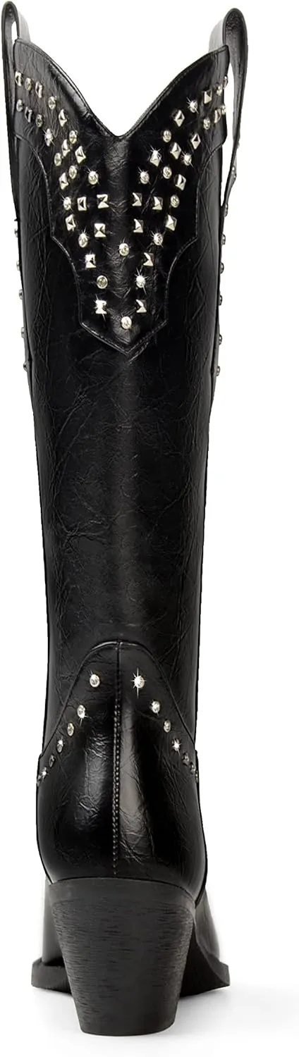 ANN CREEK Women Cowboy Boots Ladies Knee High Cowgirl Boots Western Boots Chunky Sequin High Heel Wide Calf Country Boots