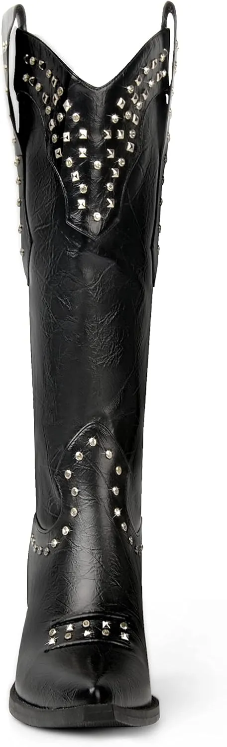 ANN CREEK Women Cowboy Boots Ladies Knee High Cowgirl Boots Western Boots Chunky Sequin High Heel Wide Calf Country Boots