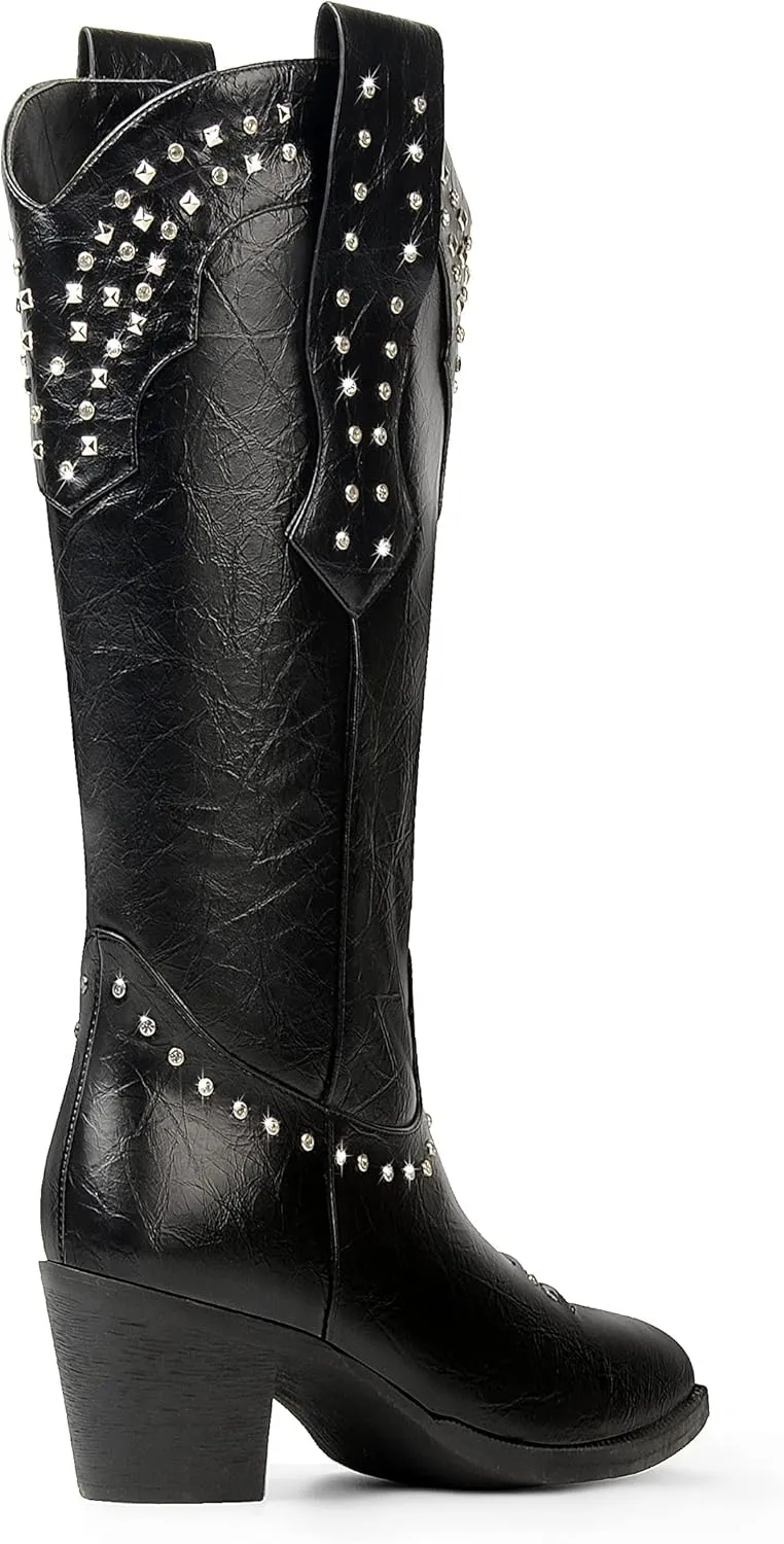 ANN CREEK Women Cowboy Boots Ladies Knee High Cowgirl Boots Western Boots Chunky Sequin High Heel Wide Calf Country Boots