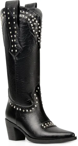 ANN CREEK Women Cowboy Boots Ladies Knee High Cowgirl Boots Western Boots Chunky Sequin High Heel Wide Calf Country Boots